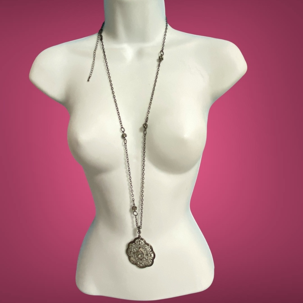 PREMIER DESIGNS Pendant Long Gunmetal Tone Chain Filagree Medallion Rhinestones